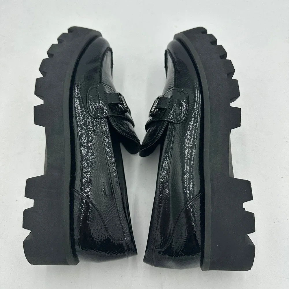 Franco Sarto Womens Y2K Chunky Heel Black Crinkle Patent Lug Sole Bit Loafers 7M